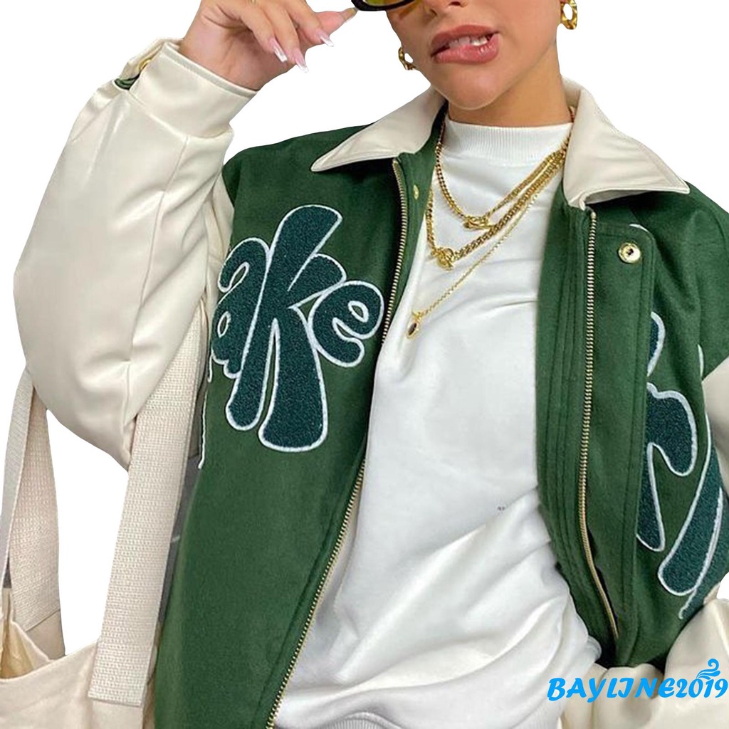 Áo khoác dáng rộng tay dài thêu chữ có khoác kéo và túi cho nữ