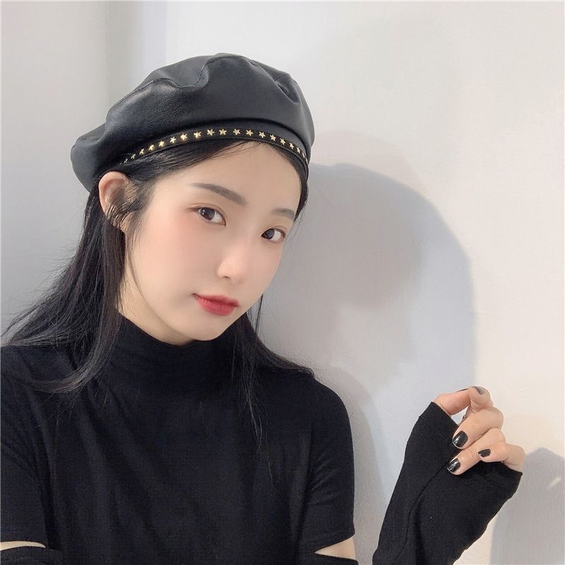 Nón Beret Da Viền Đính Ngôi Sao Cá Tính