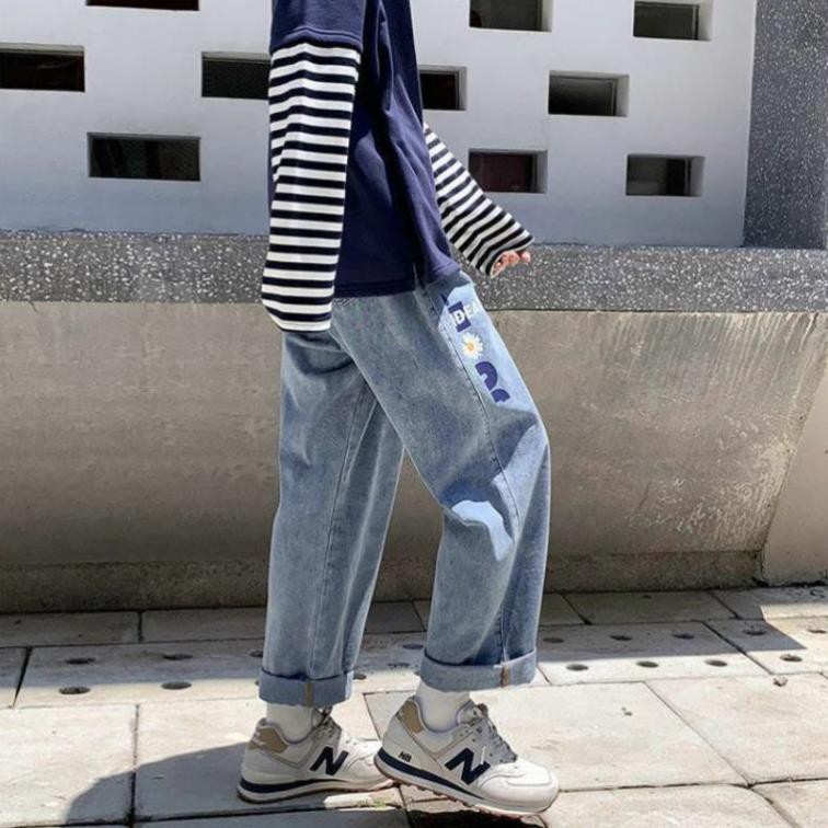 Quần Jeans Ống Rộng Hoa Cúc Nam Nữ Cạp Chun Phong Cách HIPHOP STREETWEAR Ulzzang Style dễ phối đồ  ཾ ་