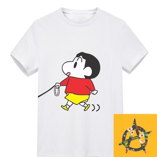 Áo cặp đôi nam nữ in hình Shin dắt chó