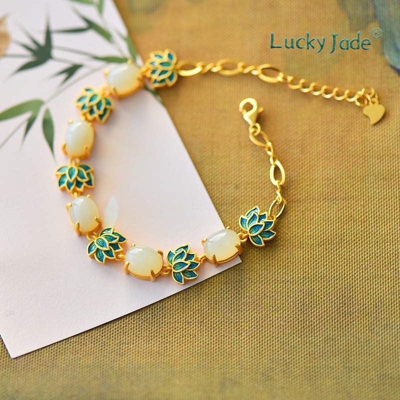 Vòng Tay Mạ Bạc S925 Dát Vàng Hoa Sen Trắng Tráng Men Dày Mặt Nhám