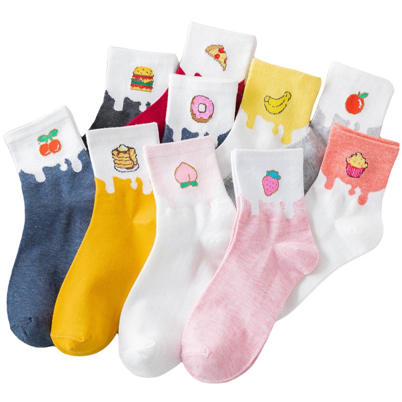Vớ cotton cổ cao trung bình in họa tiết trái cây/đồ ăn nhanh hoạt hình dễ thương phong cách Nhật Bản cho nữ