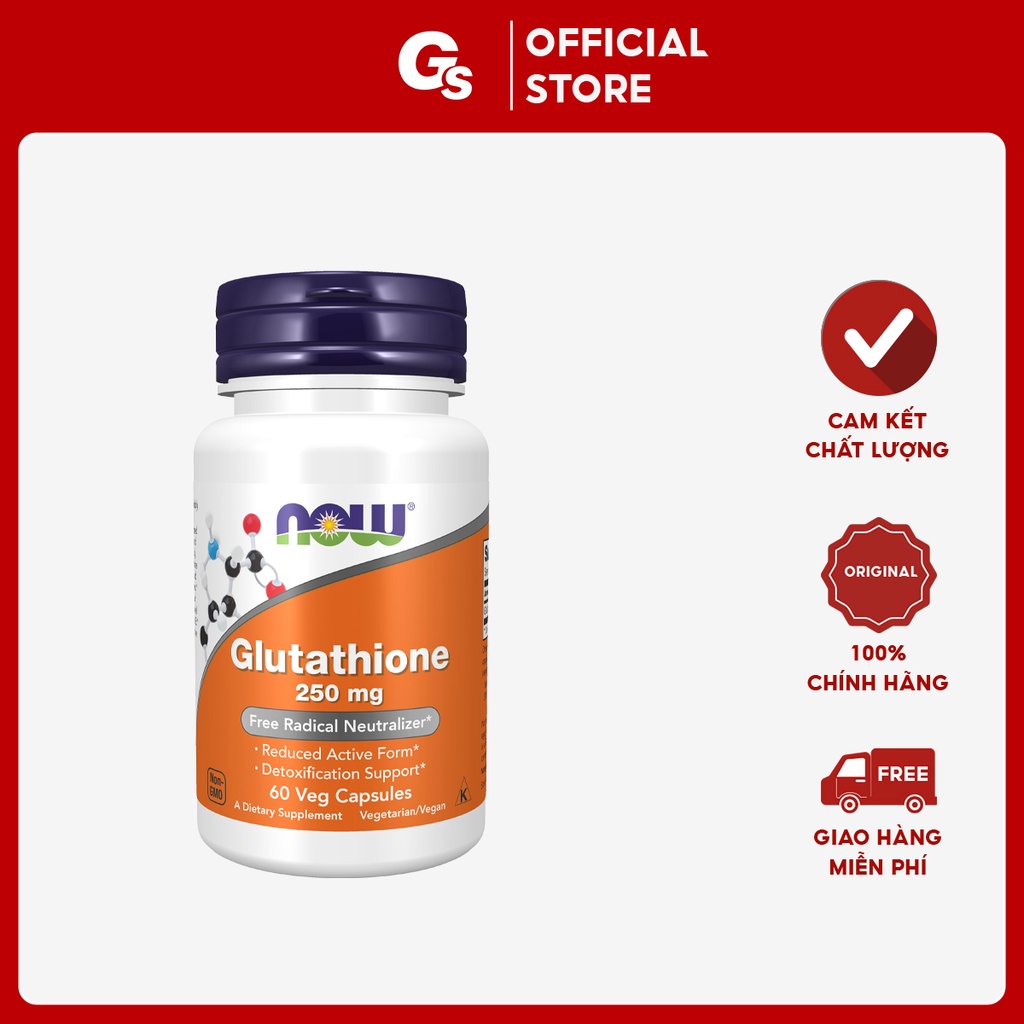 Viên uống trắng da, tăng cơ Now Glutathione 500 mg, 60 Veg Capsules - Chính hãng