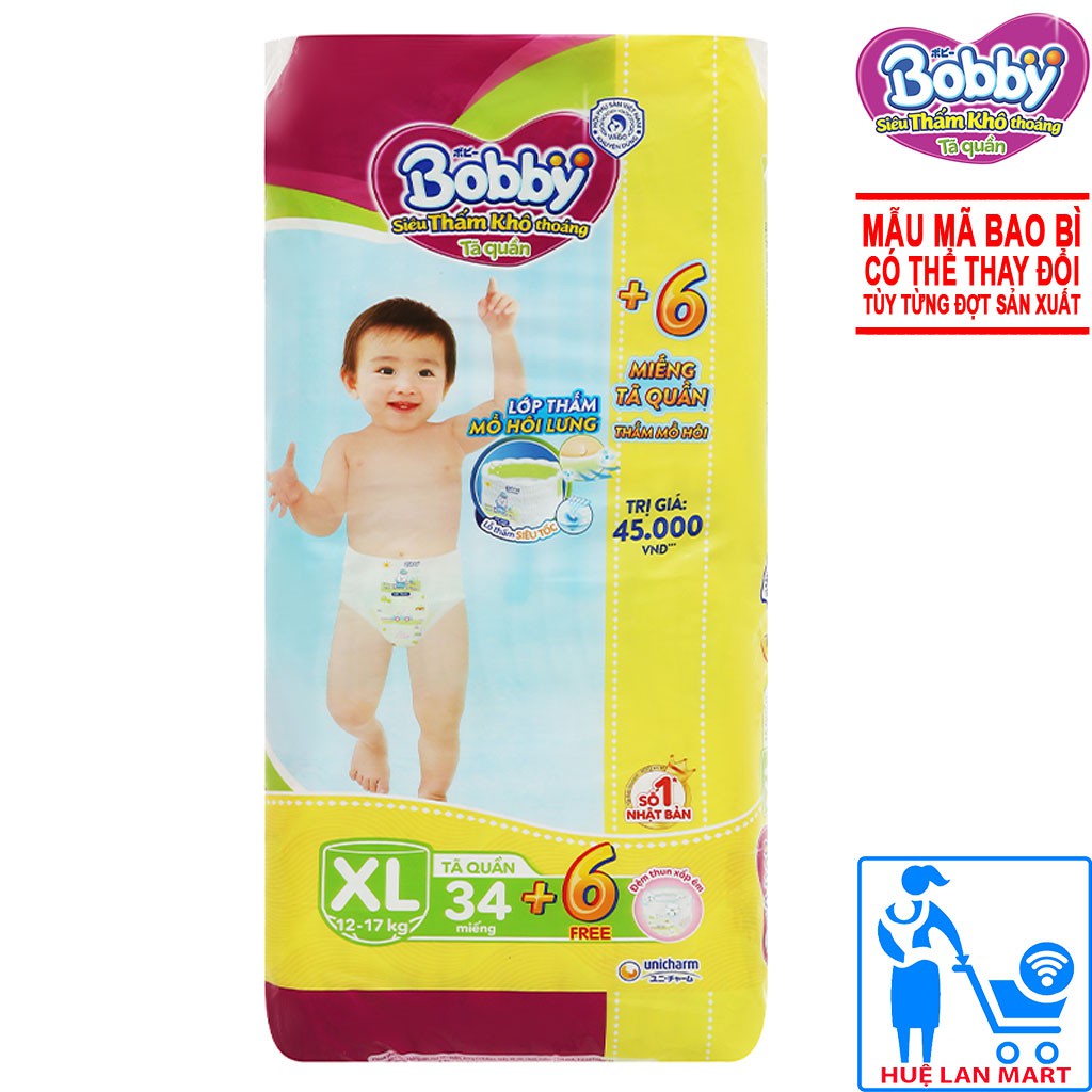 [CHÍNH HÃNG] Bỉm - Tã Quần Bobby Siêu Thấm Khô Thoáng Size XL34 (Lớp thấm mồ hôi lưng, cho bé 12-17kg)