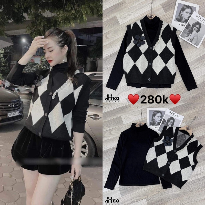 Áo len gile trám tag hoa đính hạt hàng QCCC sang chảnh