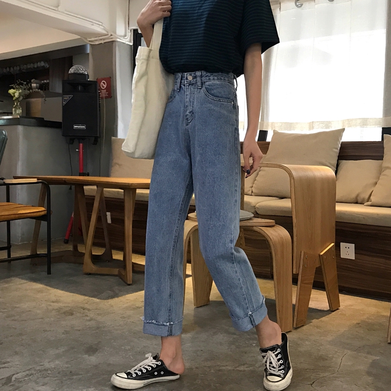 Quần Jean Dài Lưng Cao Kiểu Retro Hàn Quốc Cá Tính Cho Nữ