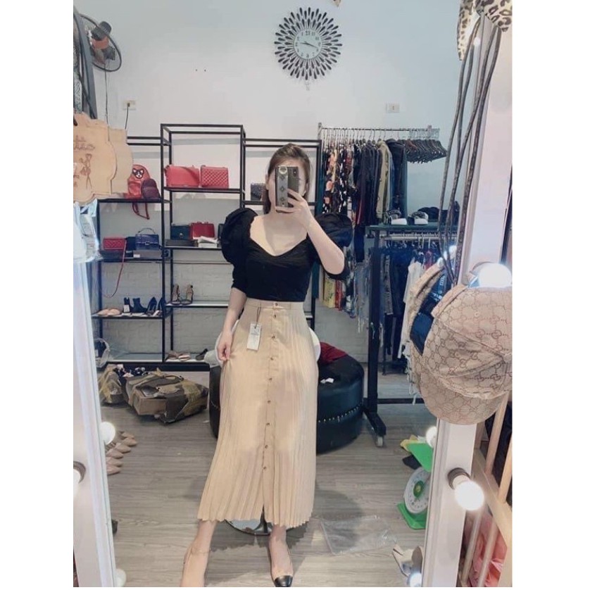 VÁY MIDI MÀU NUDE XẾP LY SIÊU ĐẸP