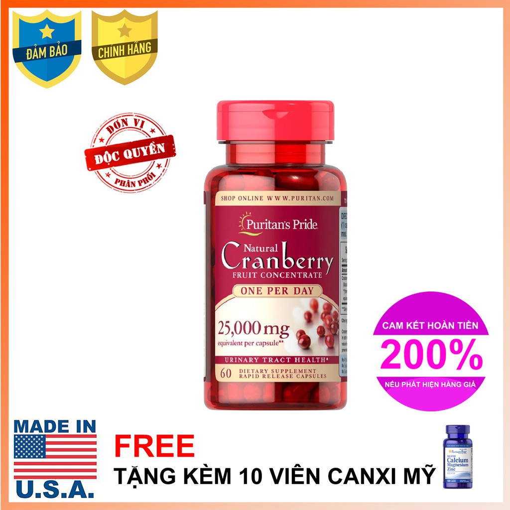 Viên uống giảm viêm đường tiết niệu, giảm tiểu dắt, chống oxy hóa Puritan's Pride Natural Cranberry 60 viên