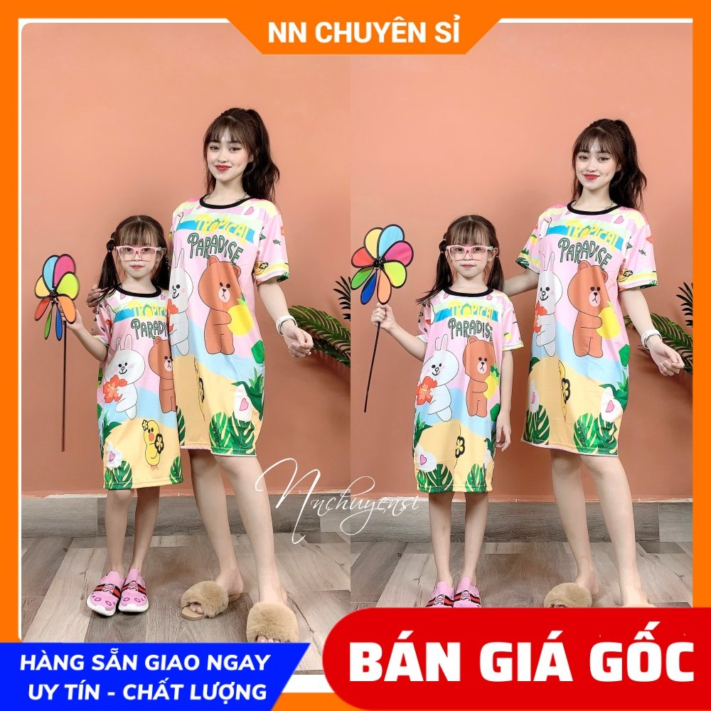 Đầm thun phom rộng suông mẹ và bé size đến 60kg in hoạt hình chibi dễ thương chất thun mềm mát DAMRB FULL SIZE