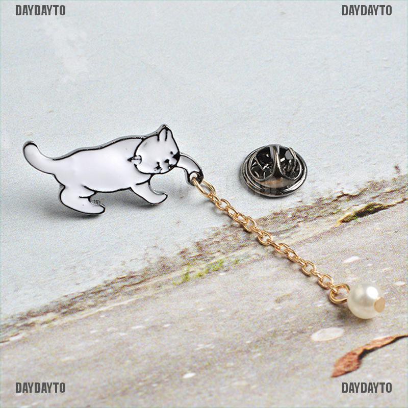 Ghim Cài Áo Hình Mèo Tráng Men Đính Ngọc Trai Dễ Thương