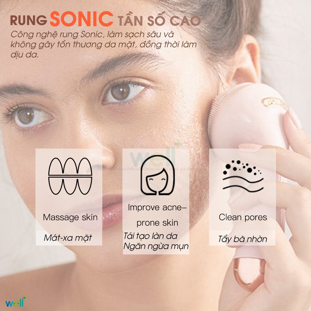 Máy Rửa Mặt Massage Rung SONIC Tần Số Cao, Silicon Cao Cấp Làm Sạch Sâu Tái Tạo Collagen