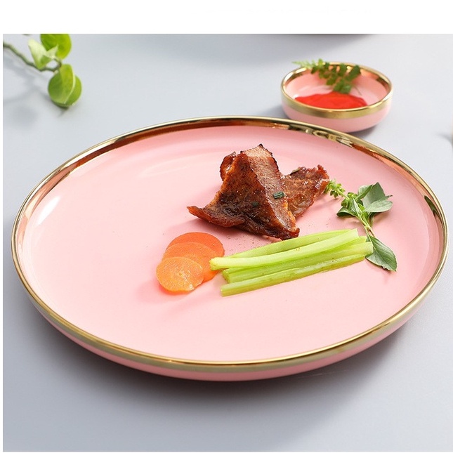 Bộ chén bát đĩa sứ hồng viền vàng cao cấp phong cách Bắc Âu