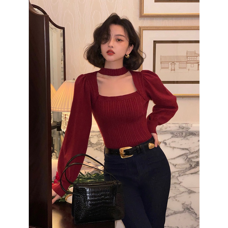 QKOOLE  Áo dệt kim cổ vuông màu đỏ/ đen phong cách Hàn Quốc thời trang cá tính cho nữ