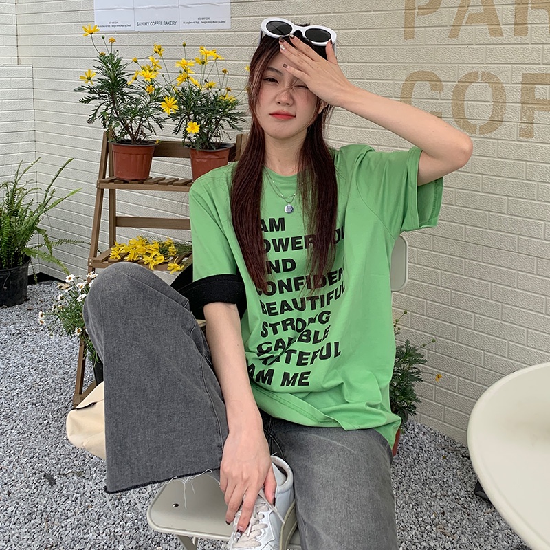 SUXI Áo Thun Tay Ngắn Cổ Tròn Dáng Rộng In Chữ Thời Trang Mùa Hè Cho Nữ