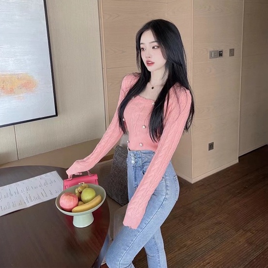 ZHELIHANGFEI Áo Sweater Dệt Kim Tay Dài Cổ Vuông Eo Cao Kiểu Pháp Quyến Rũ