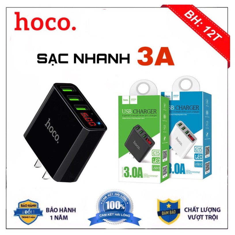 Cốc Sạc Củ Sạc Nhanh 3 Cổng Hoco C15 3A - Màn Hình LCD Hiển Thị Điện Áp - Chính Hãng Bảo Hành 12 Tháng