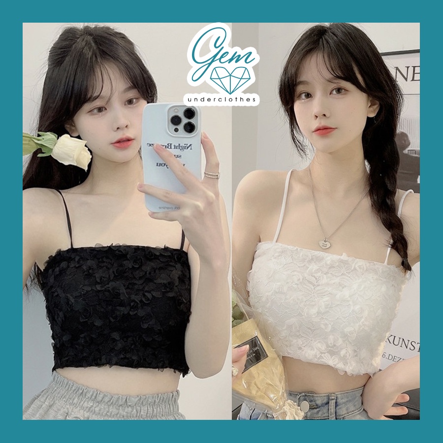 Áo bra nữ 2 dây dáng crop top ren đính hoa hồng có mút ngực siêu xinh Gem Lin