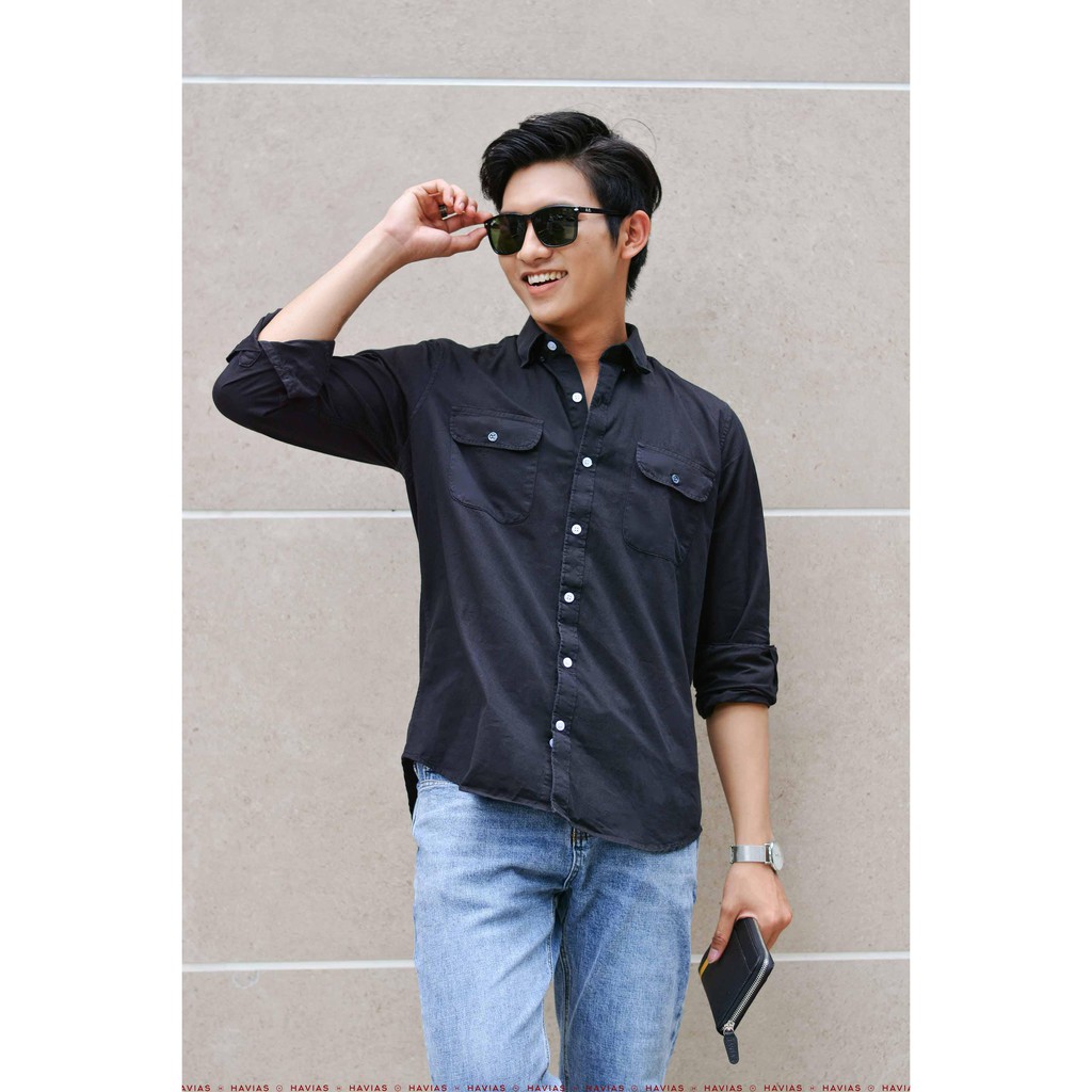 Sơ mi nam tay dài Havias có 2 túi màu đen vải Cotton 100% cao cấp