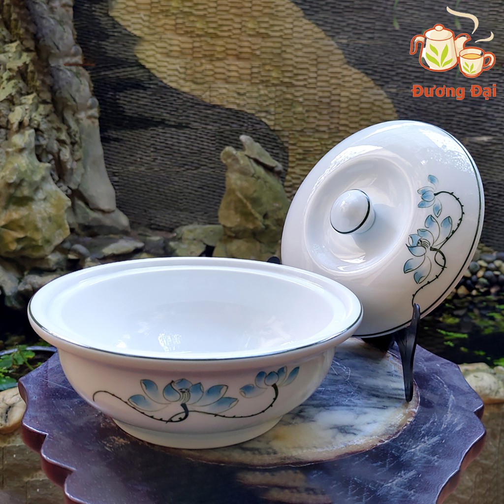 Bát Tô Âu Đựng Cơm Canh Men Trắng Vẽ Hoa Có Nắp Gốm Sứ Bát Tràng Đương Đại
