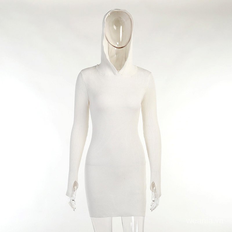 Đầm dệt kim tay dài màu trơn có mũ trùm thời trang mùa thu cho nữ