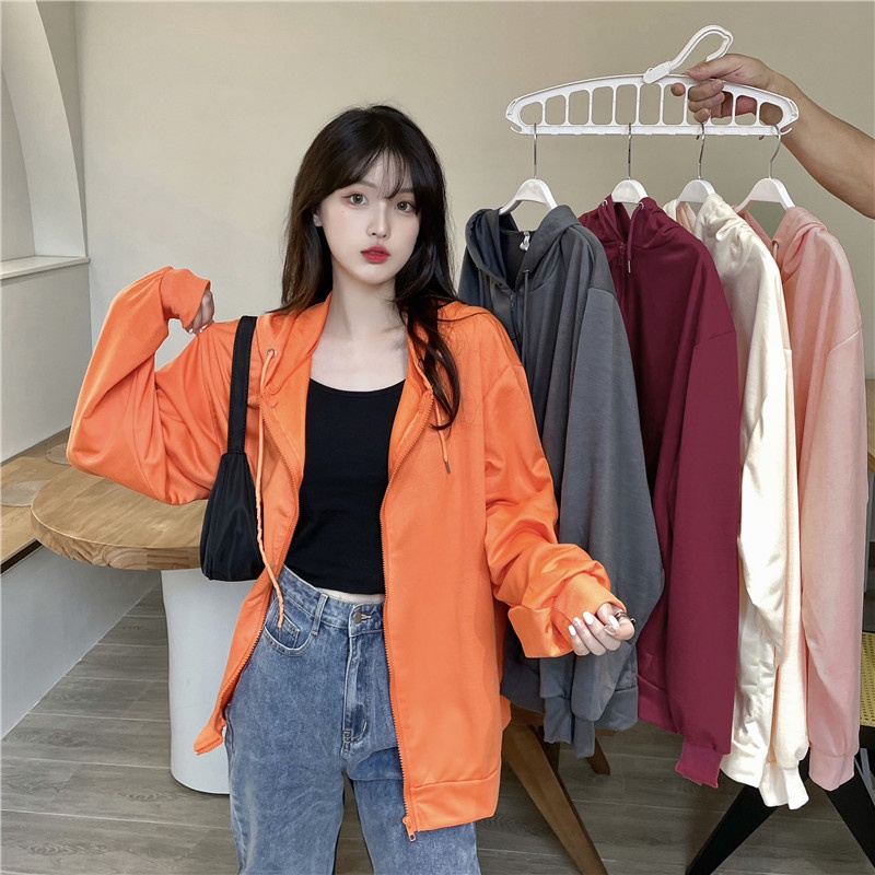 SUXI (MỚI) Áo hoodie nữ dáng rộng màu trơn có khoá kéo