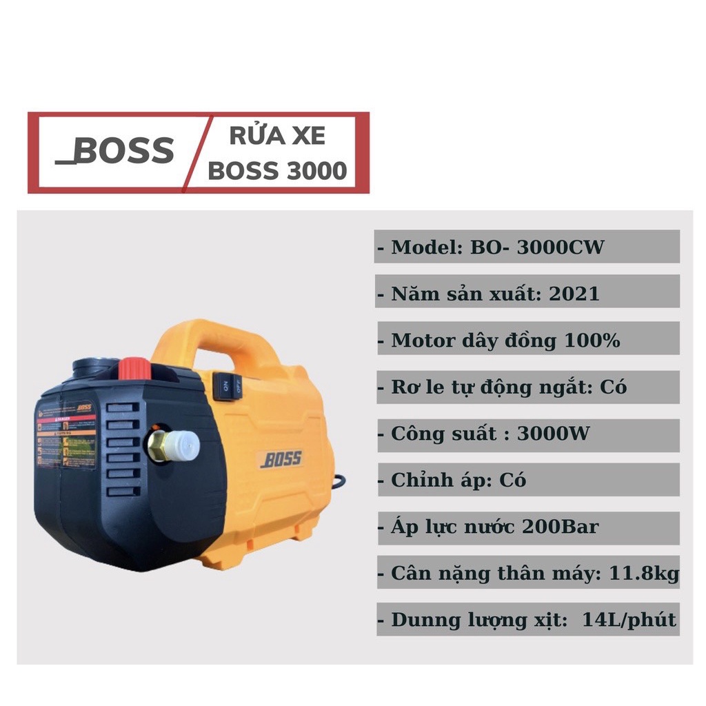 Máy rửa xe có chỉnh áp thương hiệu BOSS công suất 3000W chuyên dùng xịt rửa xe, vệ sinh nhà cửa