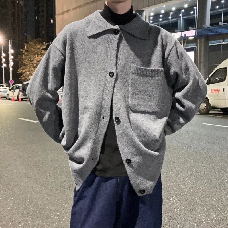Áo len dài tay màu trơn cổ bẻ có túi phong cách Hàn Quốc thời trang thu đông cho nam