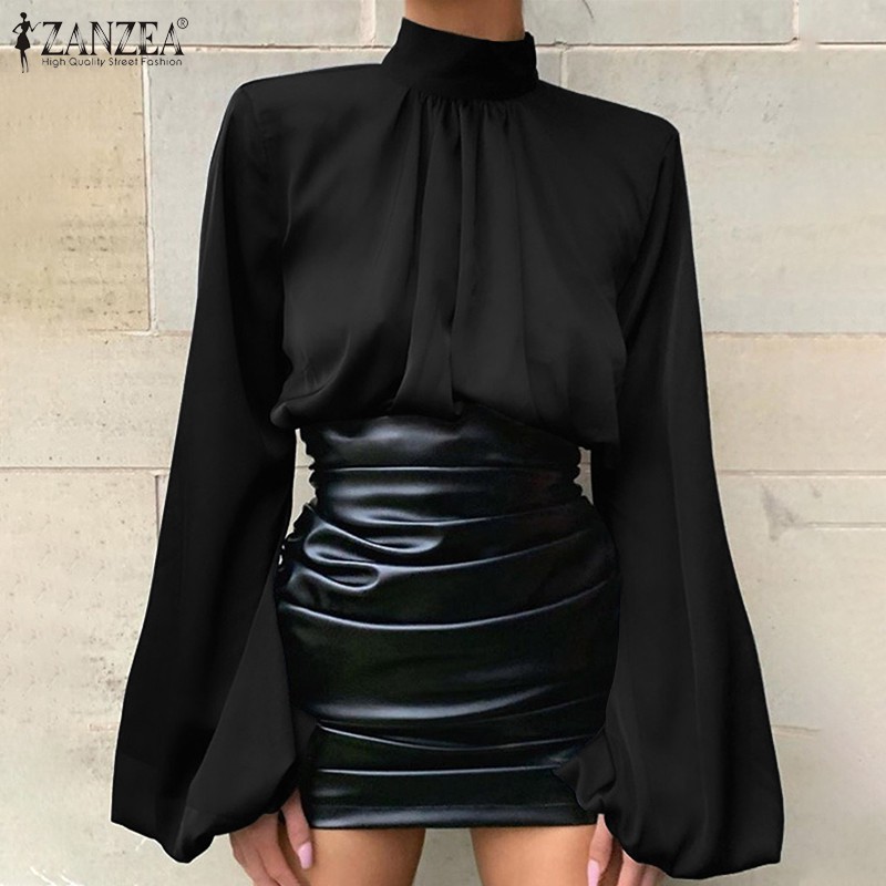 Áo ZANZEA Cổ Cao Xếp Ly Tay Áo Phồng Dài Phong Cách Thường Ngày Thanh Lịch Dành Cho Nữ