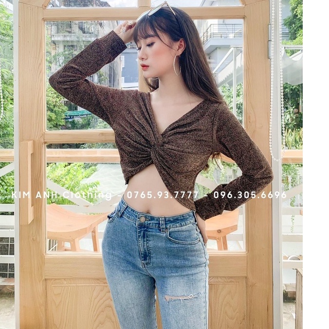 Áo thun nữ vải kim sa ánh bạc, áo nhúm nữ xoắn ngực kiểu hàn gợi cảm dễ thương