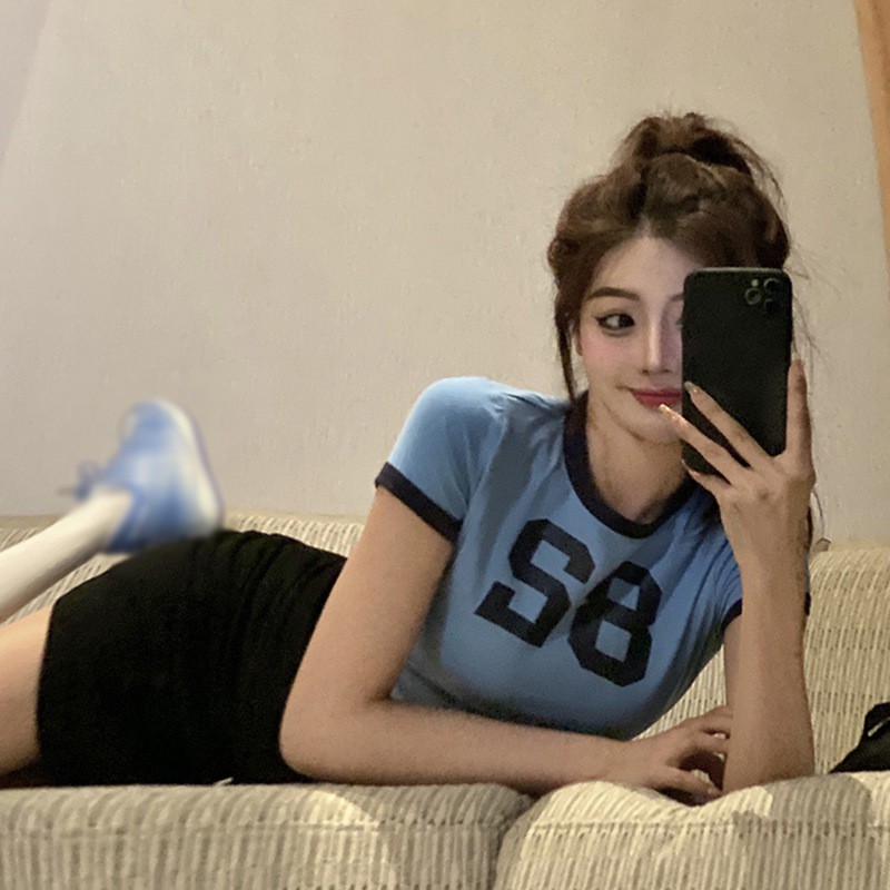 Áo hở rốn/chân váy ngắn dáng ôm in họa tiết phong cách Hàn Quốc đơn giản thời trang cho nữ (có bán lẻ)