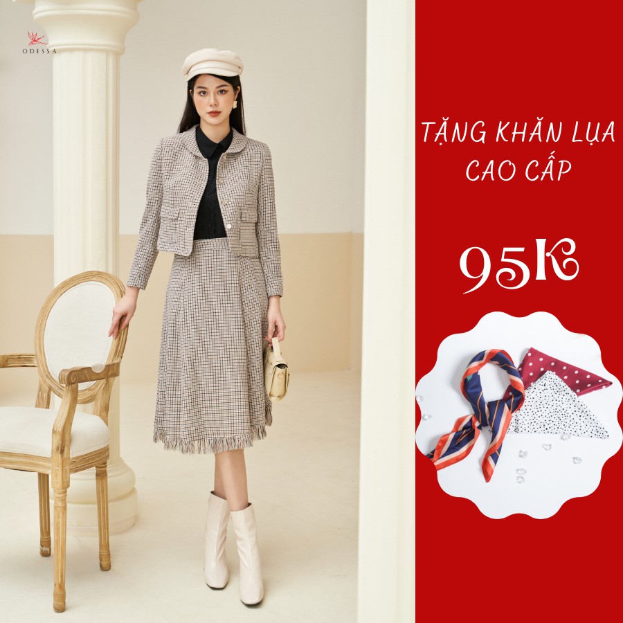Set Vest Lửng Phối Chân Váy Dáng Xòe Odessa Áo Dài Tay Công Sở Kẻ, Chất Liệu Đanh Mịn VSB21-036 JSB21-036