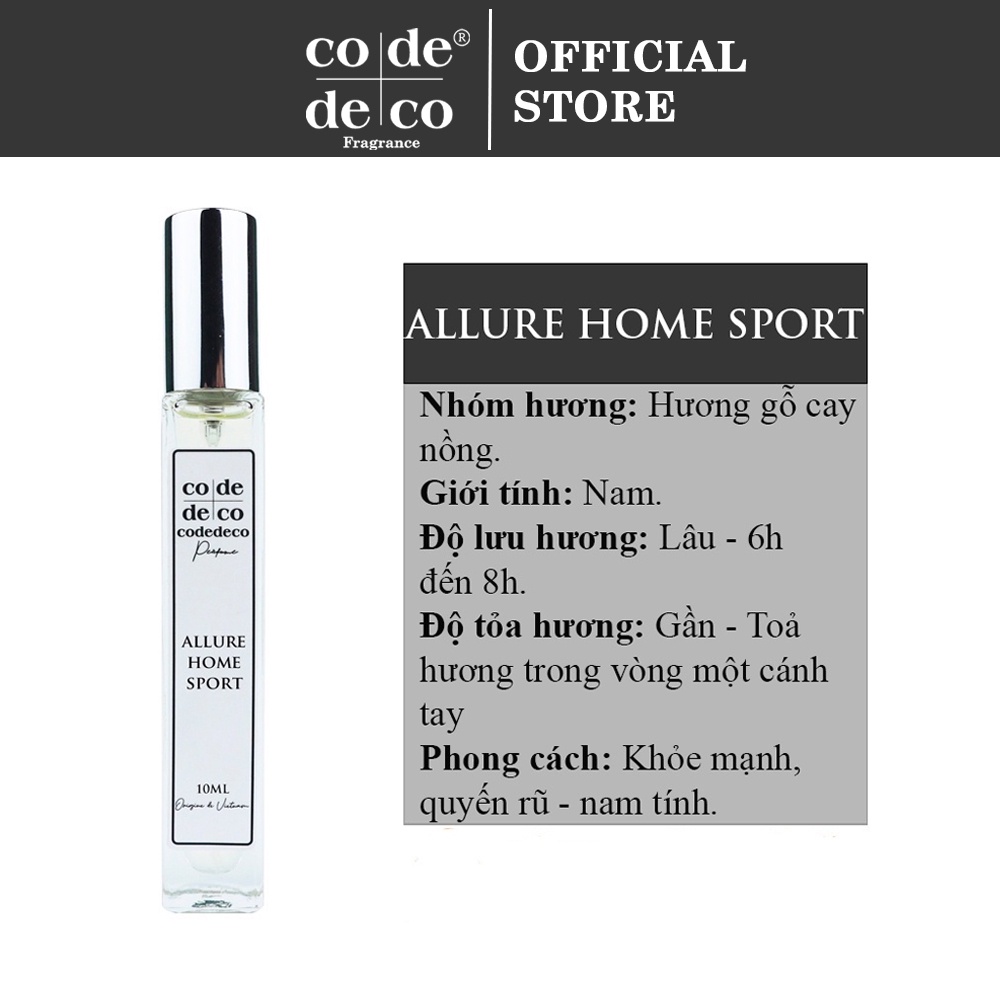 Tinh Dầu Nước Hoa Code Deco Allure Home Sport 10ml, Khỏe mạnh , Quyến rũ , Ấm áp