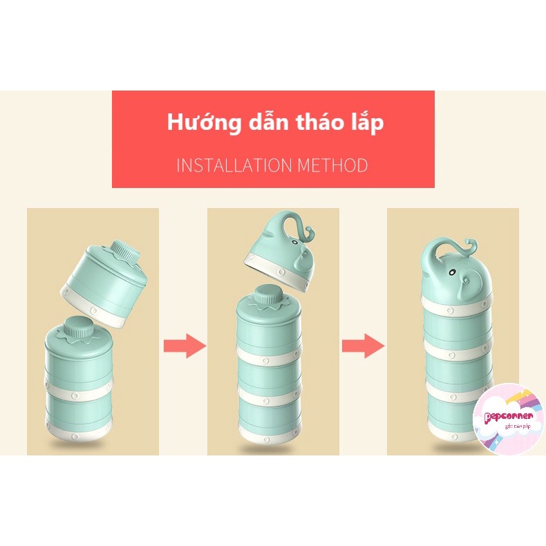 Hộp chia sữa bột 3 tầng có nắp vặn riêng biệt đựng sữa bột đồ ăn dặm cho bé hình VOI CON xinh xắn