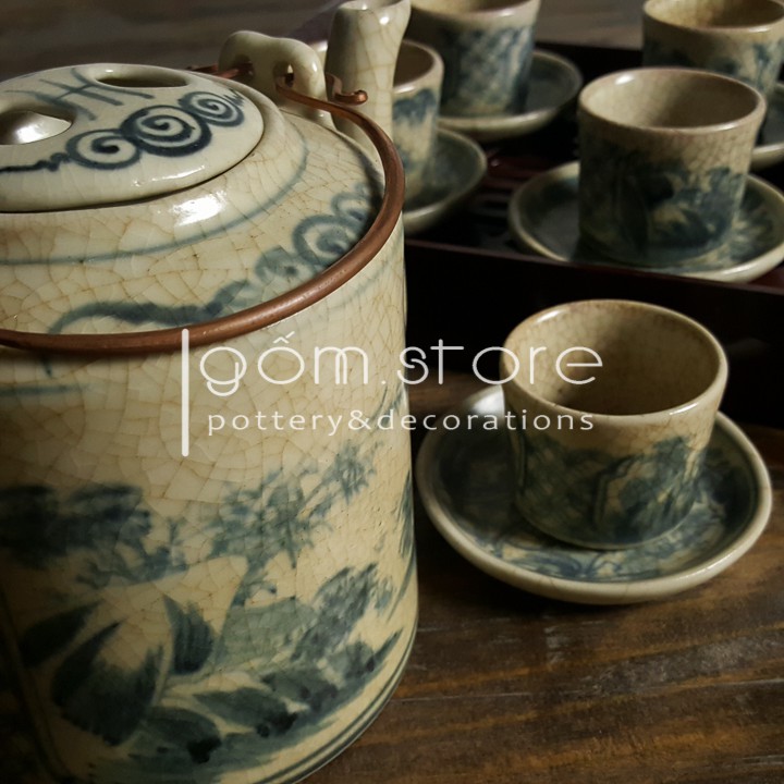 Ấm trà dáng tích Bát Tràng men giả cổ chén tống vẽ sơn thủy