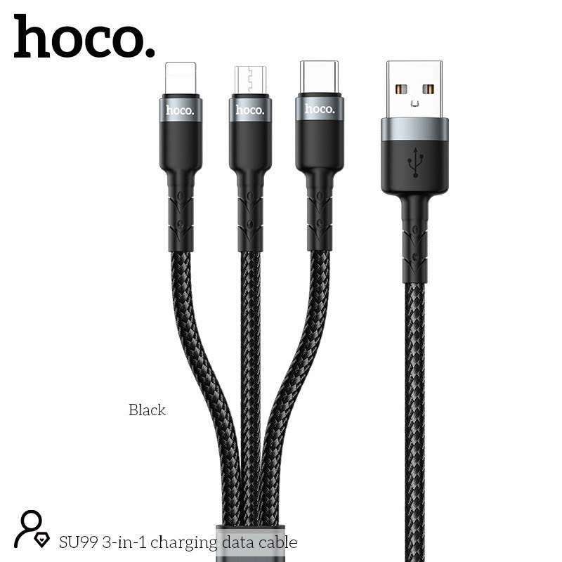 Cáp sạc 3 đầu Hoco SU99 dây dù siêu bền dài 1m - Chính hãng
