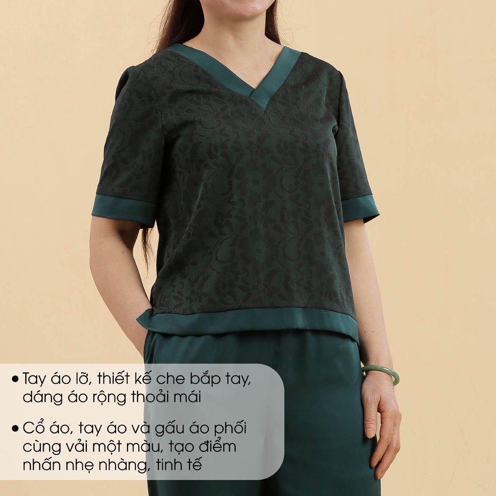 Đồ Bộ Lụa Trung Niên Nữ Phối Hoa Cao Cấp Mặc Nhà Quà Tặng Cho Mẹ ANCHI B09 Xanh Đen