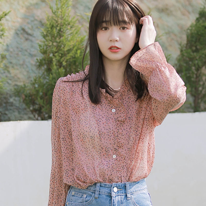 Áo sơ mi chiffon tay dài in họa tiết hoa phong cách retro thời trang