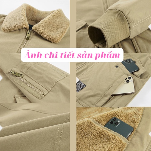 Áo Khoác Parka Bomber Nam Lót Lông Cừu Chất Liệu KaKi Dáng Cổ Bẻ