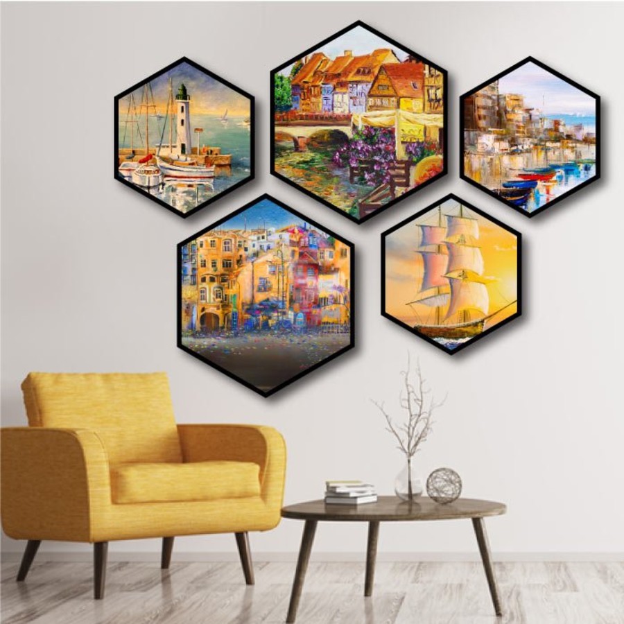 Bộ 5 tấm tranh treo tường gỗ MDF Lala Thành Phố Sơn Dầu trang trí phòng khách treo tường kèm đinh 3 chân đa năng