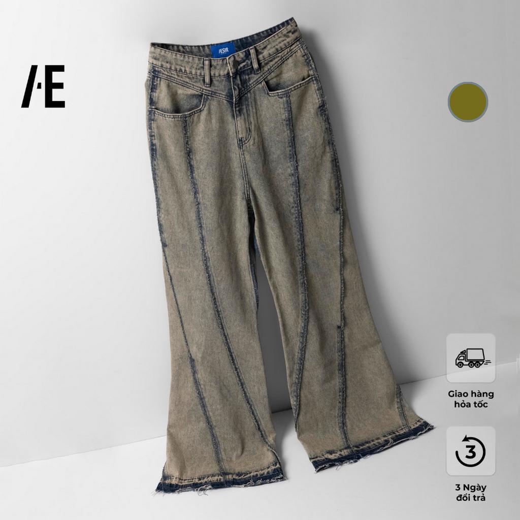 Quần jeans Unisex ống loe rách chéo ở đầu gối thương hiệu Aesir Studios màu mù tạt vàng - 541