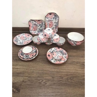 Bát cơm-bát chấm-đĩa muối sứ bát tràng họa tiết hoa hồng