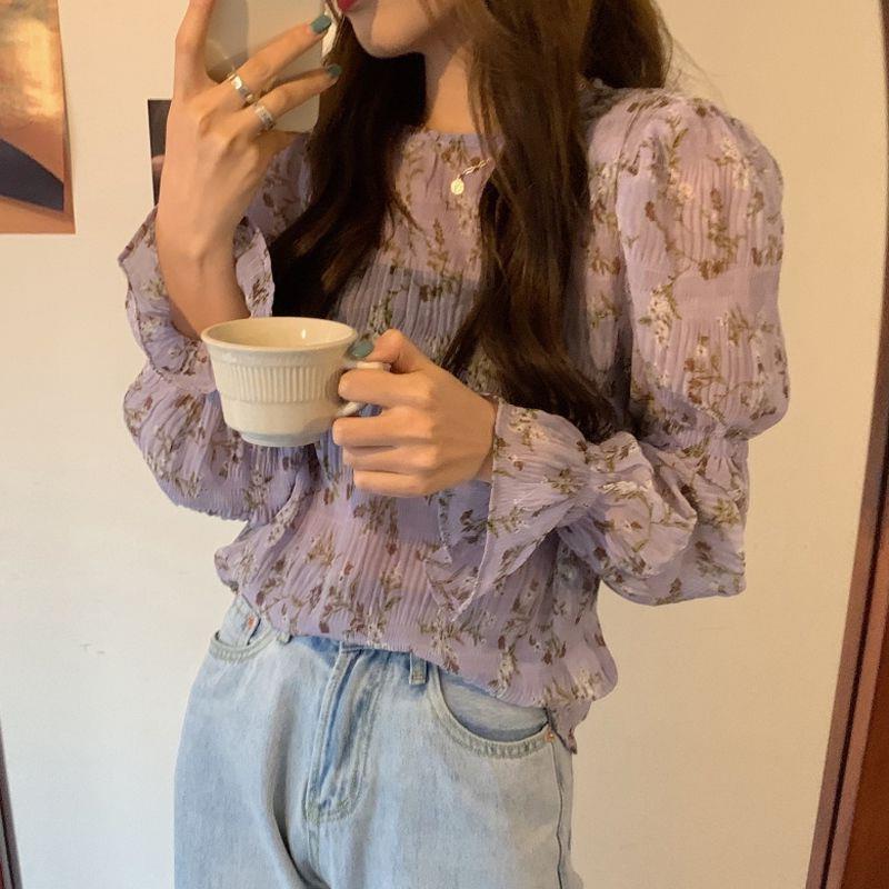 Áo sơ mi chiffon mỏng tay dài dáng rộng in hoa tím kiểu Hàn Quốc thời trang xuân thu 2020