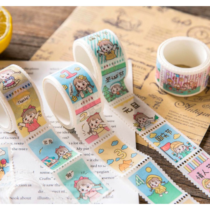 Cuộn stamp stickers/ sticker washi tape nhiều phong cách: cô gái dễ thương, vintage, tranh phong cảnh, tranh Van Gogh