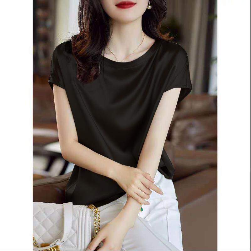 Áo Sơ Mi Vải Lụa Satin Tay Ngắn Cổ Tròn Dáng Rộng Thời Trang Cho Bạn Gái