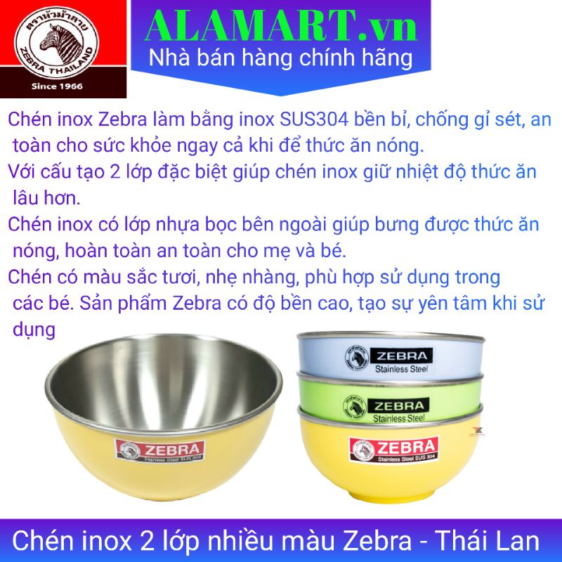 Chén inox 02 lớp 11cm nhiều màu Zebra - Thái Lan