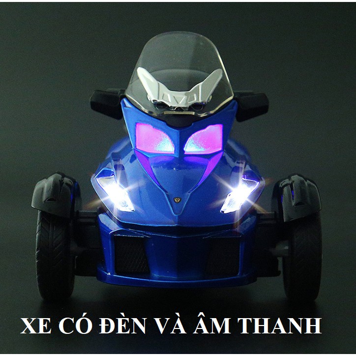 Mô hình Xe mô tô 3 bánh đồ chơi trẻ em bằng kim loại tỉ lệ 1:32 xe chạy cót có âm thanh và đèn
