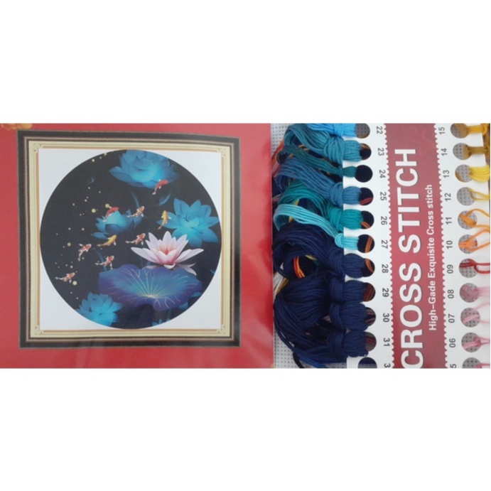 tranh thêu chữ thập cửu ngư quần hội DX1166 - 50*50 - tranh chưa thêu