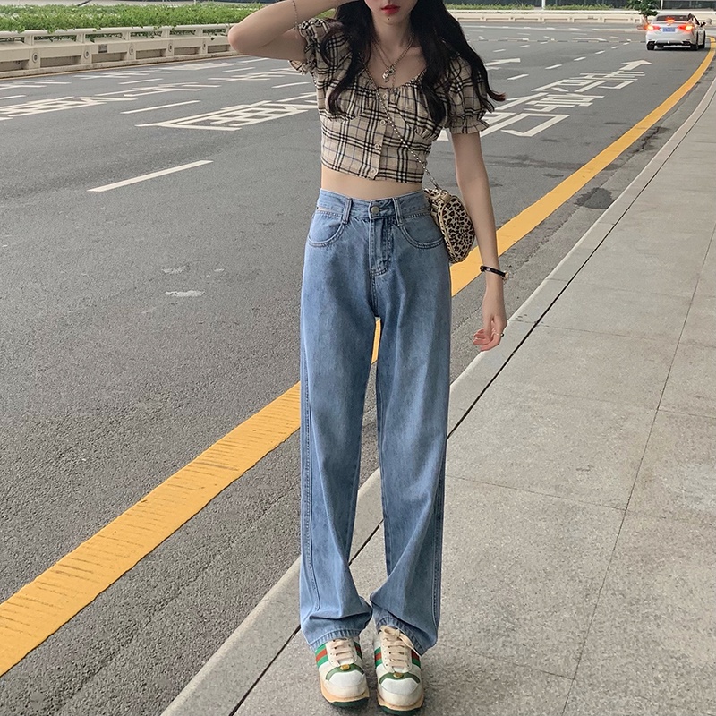 Xiaozhainv Quần jean ống rộng eo cao phong cách trẻ trung cho nữ