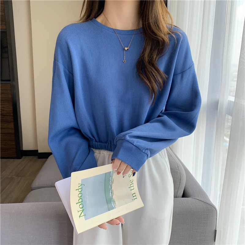 SUXI Áo Sweater Tay Dài Màu Sắc Đơn Giản Lưng Cao Dễ Phối Đồ Thời Trang Cho Nữ