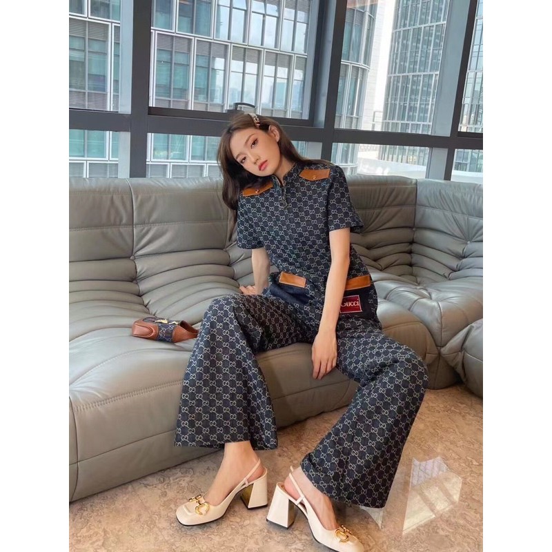 Quần jieans ống rộng Gucci GC màu xanh dương họa tiết kẻ caro